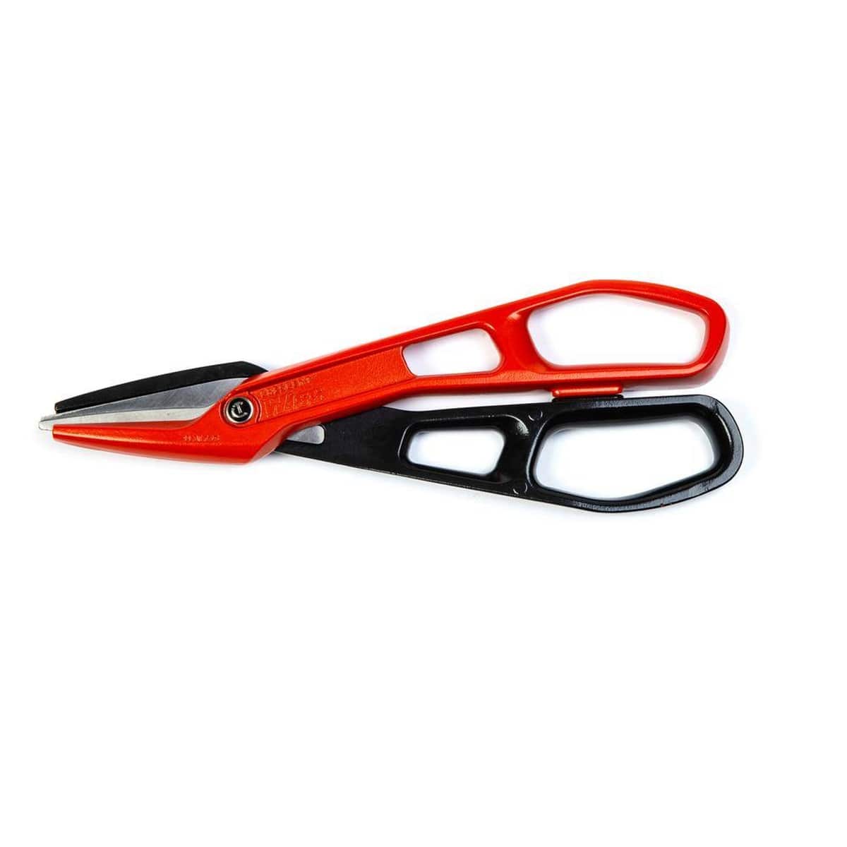 Side profile view of the Crescent Wiss WAL13S 13-inch lightweight aluminum tinner snips featuring red and black asymmetrical loop handles and high-performance steel cutting blades.