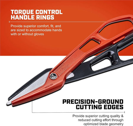 Feature highlight infographic for the WAL13S tinner snips focusing on the torque control handle rings for superior comfort and the precision-ground cutting edges for reduced physical effort.
