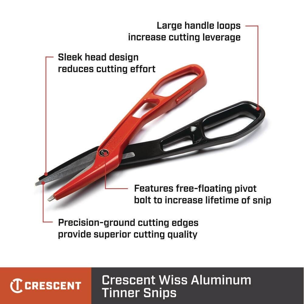 Infographic detailing the professional features of the Crescent Wiss aluminum tinner snips, including large handle loops for increased leverage, a sleek head design to reduce cutting effort, a free-floating pivot bolt, and precision-ground cutting edges.