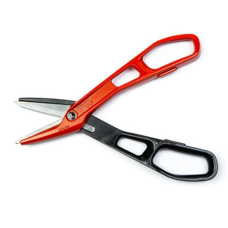 Angled studio shot of the Crescent Wiss 13-inch metal shears in an open position, showcasing the adjustable pivot bolt and the durable die-cast aluminum handle construction.
