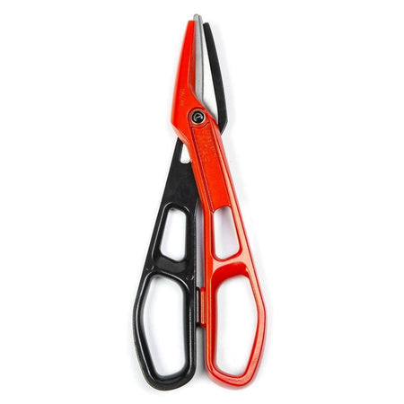Top-down vertical view of the Crescent Wiss lightweight tinner snips illustrating the slim profile and ergonomic torque control handle rings for professional HVAC applications.