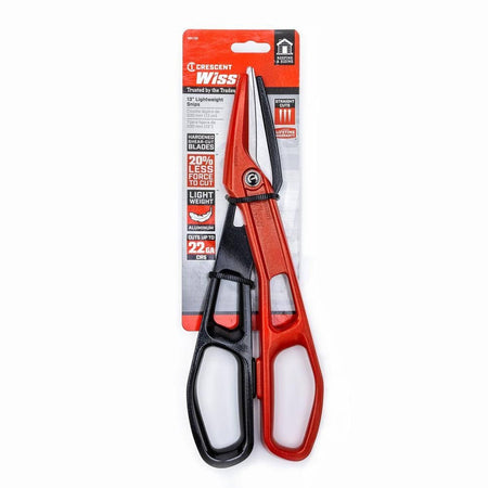 The Crescent Wiss WAL13S 13-inch tinner snips in their original retail carded packaging, identifying the tool as ideal for roofing, siding, and HVAC pros with a capacity to cut up to 22 gauge cold rolled steel.