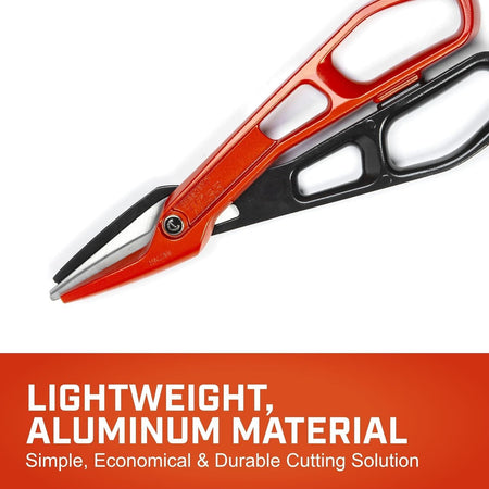 Marketing graphic for the Crescent Wiss aluminum material snips, describing the tool as a simple, economical, and durable cutting solution for thin-gauge sheet metal.
