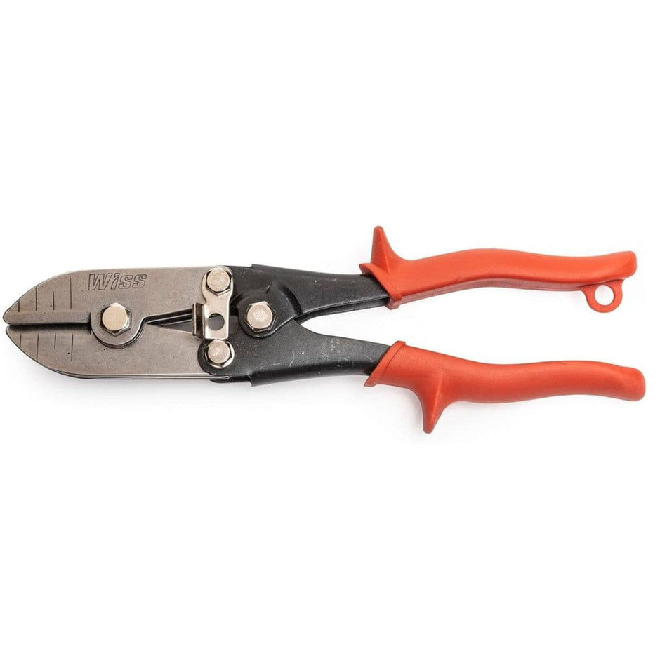 A professional studio photograph of the Crescent Wiss WC5SN 5-blade HVAC pipe crimper showing the high carbon steel compound action jaw and ergonomic rawhide orange non-slip cushion grips.