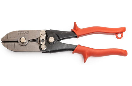 A professional studio photograph of the Crescent Wiss WC5SN 5-blade HVAC pipe crimper showing the high carbon steel compound action jaw and ergonomic rawhide orange non-slip cushion grips.