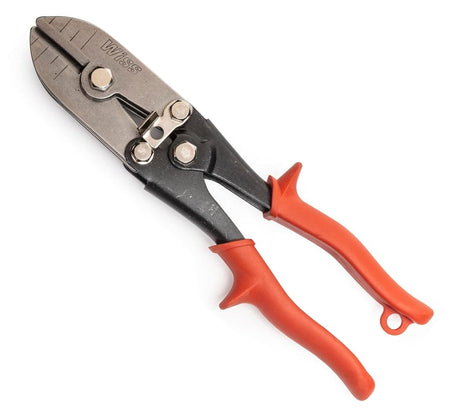 A perspective view of the Crescent Wiss HVAC crimper highlighting the industrial 5-blade design and the specialized 1-1/4 inch throat depth for creating male fitting ends on sheet metal pipes.