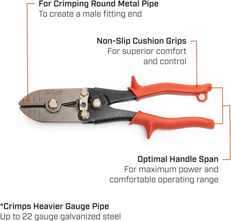 An informational product graphic for the Crescent Wiss WC5SN crimper highlighting key features including non-slip cushion grips, optimal handle span for maximum power, and its ability to crimp up to 22 gauge galvanized steel.
