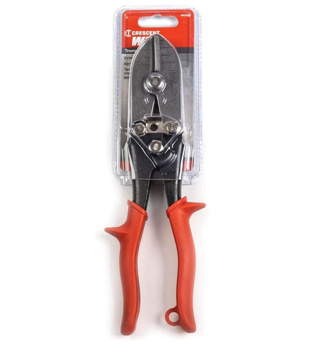 A professional retail packaging shot of the Crescent Wiss 5-blade crimper showing the tool secured in its clear clamshell card, detailing the model WC5SN and its 1-1/4 inch throat depth specifications.