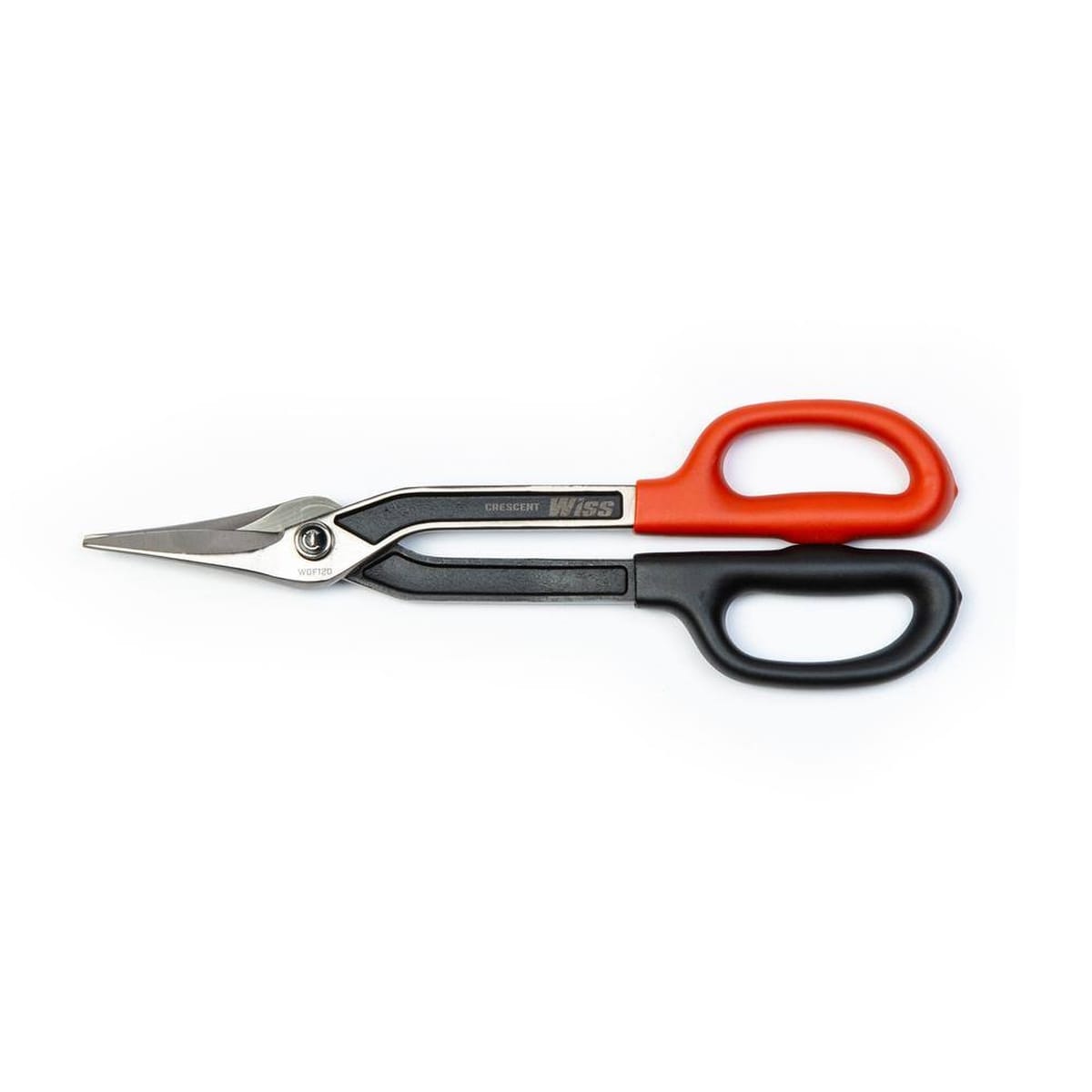 Side profile view of the Crescent Wiss WDF12D 12-inch duckbill pattern tinner snips featuring red and black cushion grip handles and heavy-duty drop-forged steel cutting blades.