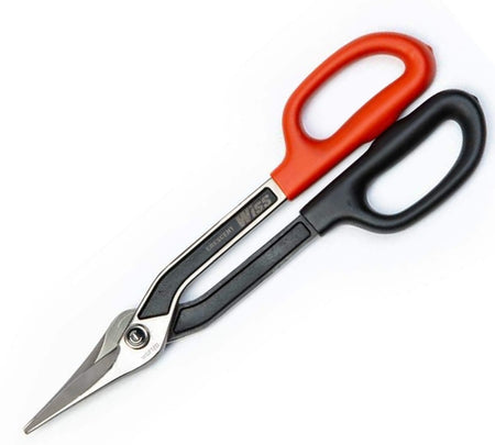 Infographic detailing the professional features of the Crescent Wiss duckbill metal shears, highlighting the hot drop-forged steel blades, precision-ground cutting edges, through-broached bolt for long life, and torque control handle rings.