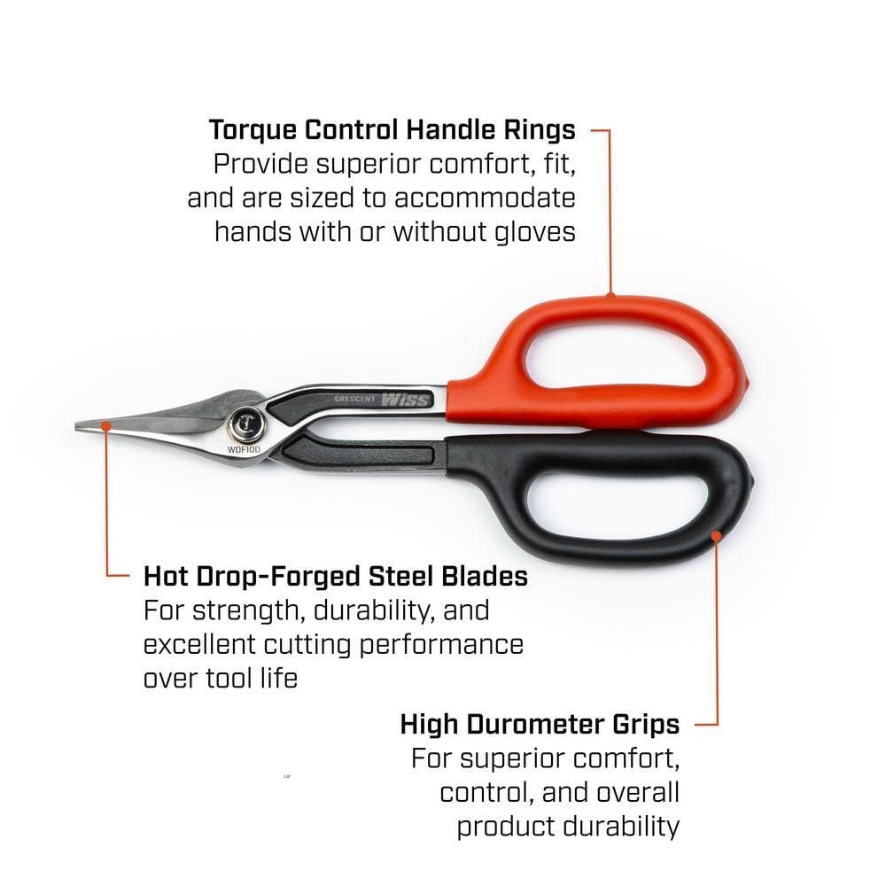 Angled studio shot of the Crescent Wiss 12-inch duckbill snips in an open position, showcasing the specialized curved blade pattern designed for cutting sharp curves and straight lines in sheet metal.
