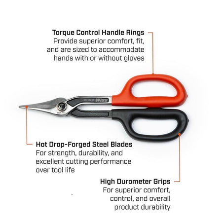 Angled studio shot of the Crescent Wiss 12-inch duckbill snips in an open position, showcasing the specialized curved blade pattern designed for cutting sharp curves and straight lines in sheet metal.