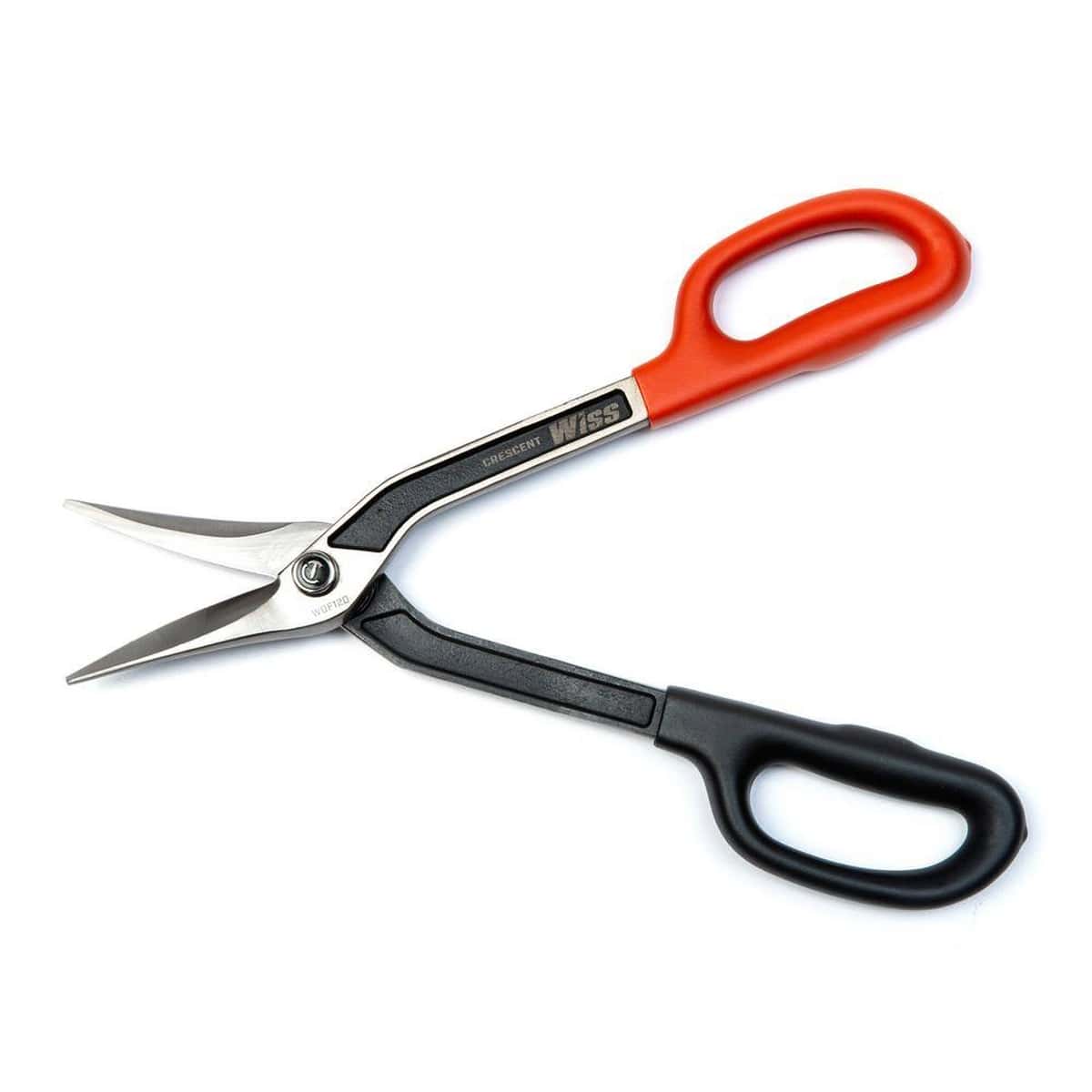 Side action view of the WDF12D tinner snips being used to make a smooth straight cut through a metal sheet, demonstrating the versatility of the duckbill blade pattern.