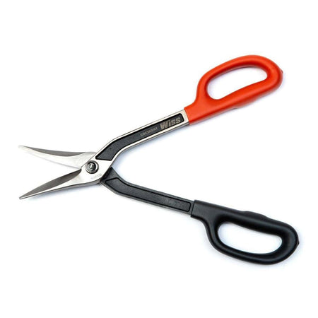 Side action view of the WDF12D tinner snips being used to make a smooth straight cut through a metal sheet, demonstrating the versatility of the duckbill blade pattern.