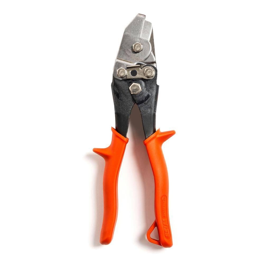 A professional studio photograph of the Crescent Wiss WHN1N 8-3/4 inch hand notcher showing the high carbon steel cutting head and ergonomic rawhide orange non-slip cushion grips.