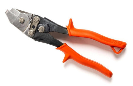 A perspective view of the Crescent Wiss hand notcher highlighting the industrial compound action jaw design and the specialized blades used for cutting 30-degree V-shaped notches in sheet metal.