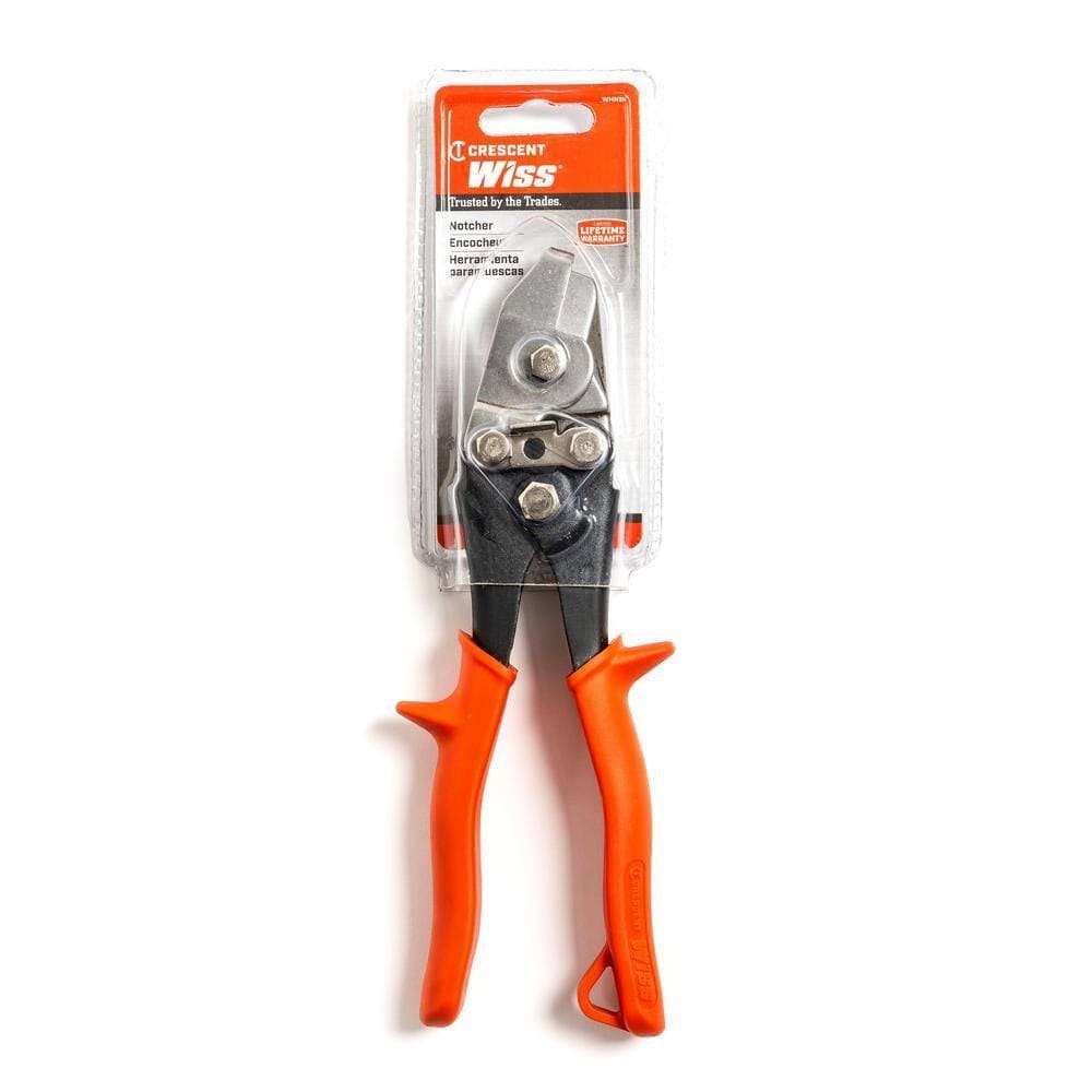 A professional retail packaging shot of the Crescent Wiss WHN1N hand notcher showing the tool secured in its clear clamshell card, detailing its use as a precision HVAC notching tool with a limited lifetime warranty.