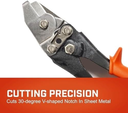A detailed informational graphic highlighting the cutting precision of the Crescent Wiss WHN1N, which produces clean 30-degree V-shaped notches in various sheet metal gauges for professional fabrication.