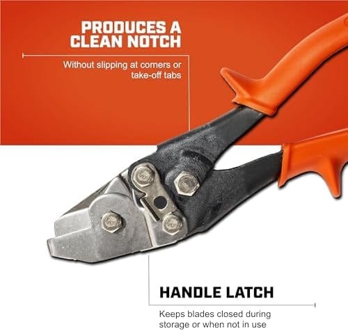 A product feature graphic showcasing the Crescent Wiss hand notcher's ability to produce clean notches without slipping at corners or take-off tabs, along with the integrated safety handle latch.