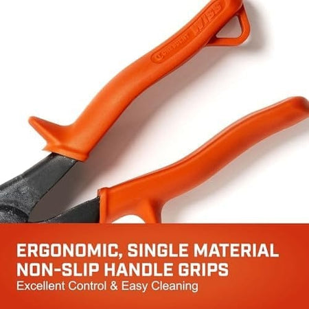 A close-up view of the ergonomic, single-material non-slip handle grips on the Crescent Wiss hand notcher, designed for excellent control, comfortable operation, and easy cleaning on the jobsite.