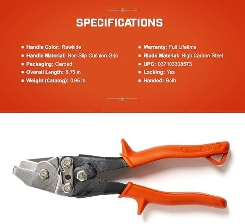 A comprehensive product graphic listing technical specifications for the Crescent Wiss WHN1N, including its 8.75-inch overall length, high carbon steel blade material, and 0.95 lb weight.