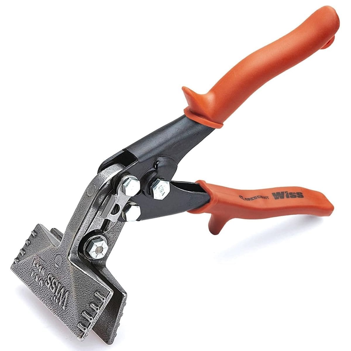 A professional product photograph of the Crescent Wiss WS4N 3-1/4 inch offset hand seamer featuring high-carbon steel jaws and ergonomic rawhide orange non-slip cushion grips for bending sheet metal.