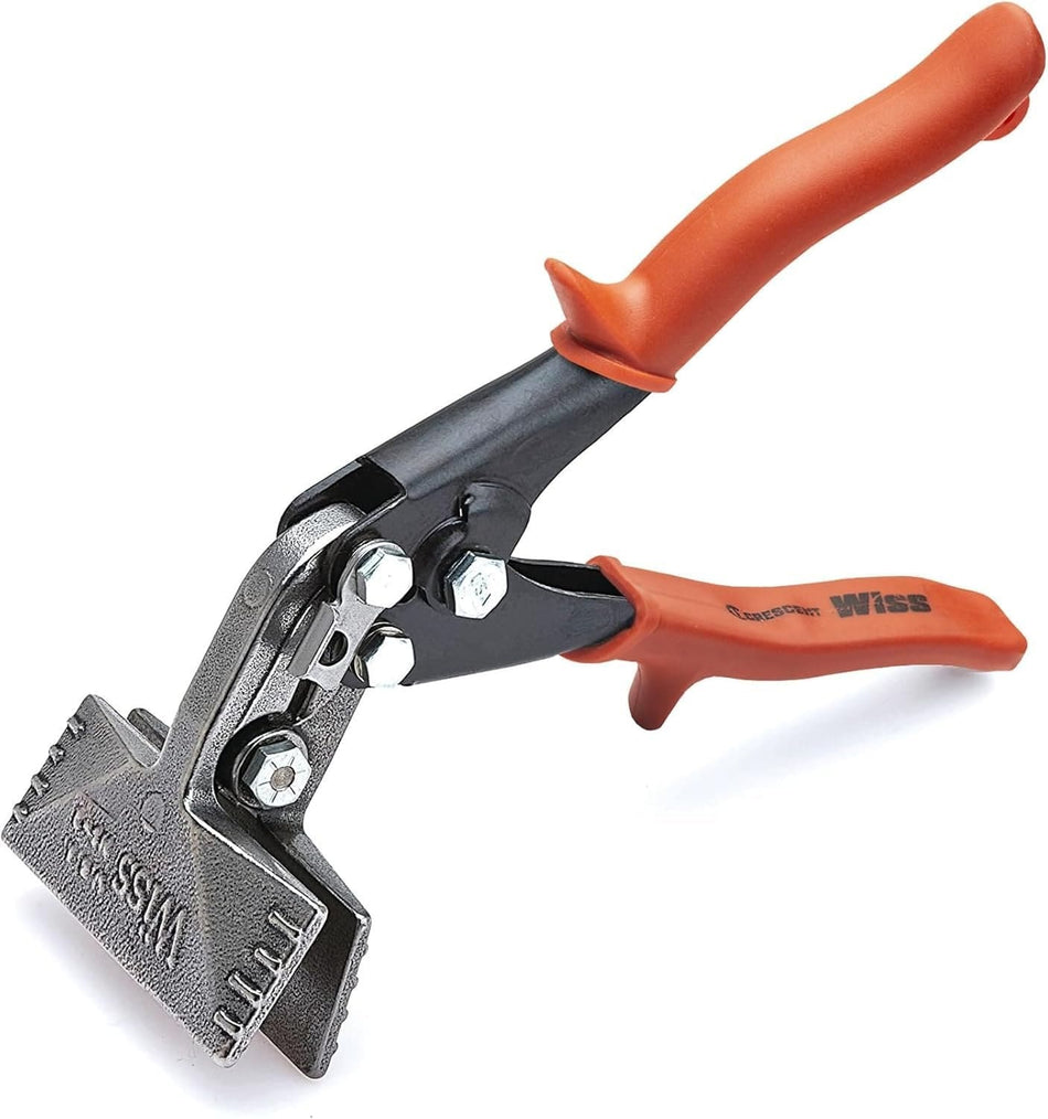 A professional product photograph of the Crescent Wiss WS4N 3-1/4 inch offset hand seamer featuring high-carbon steel jaws and ergonomic rawhide orange non-slip cushion grips for bending sheet metal.