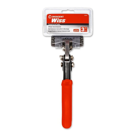 A professional retail packaging shot of the Crescent Wiss WS4N hand seamer showing the tool secured in its clear clamshell card, detailing its use for offset seaming and its limited lifetime warranty.
