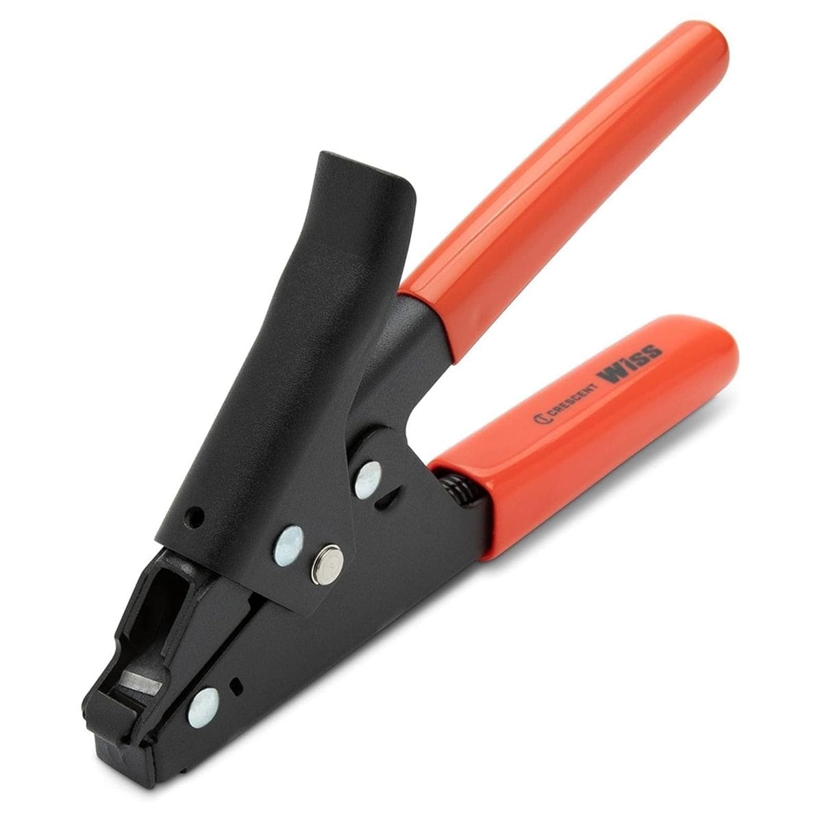 Studio product shot of the Crescent Wiss WT1 Cable Tie Tensioning Tool featuring red vinyl-dipped handles and a black steel jaw assembly.
