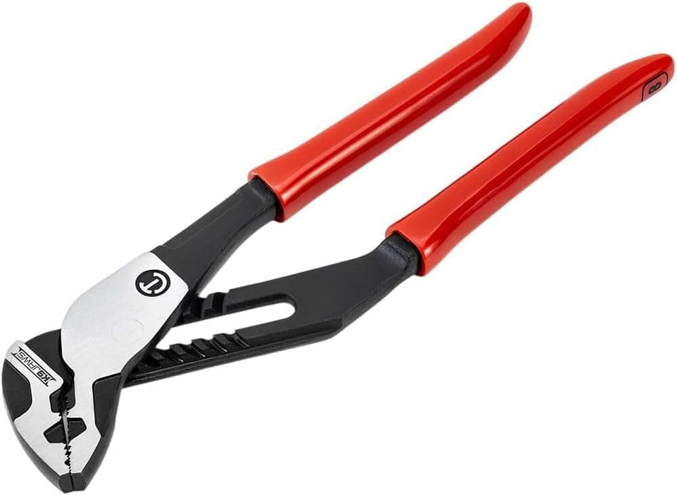 A studio product shot of the Crescent Z2 12-inch tongue and groove pliers featuring a straight jaw design, forged alloy steel construction, and professional orange dipped handles.