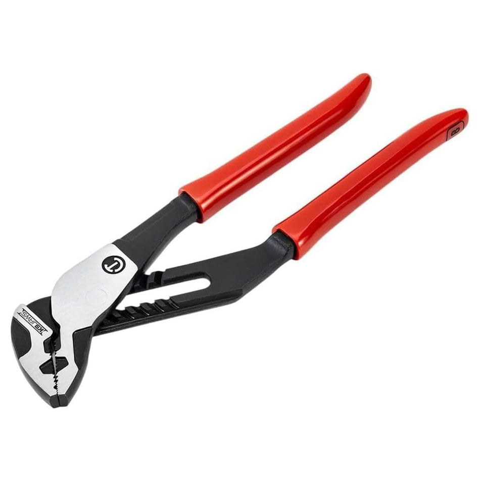 A studio product shot of the Crescent Z2 12-inch tongue and groove pliers featuring a straight jaw design, forged alloy steel construction, and professional orange dipped handles.