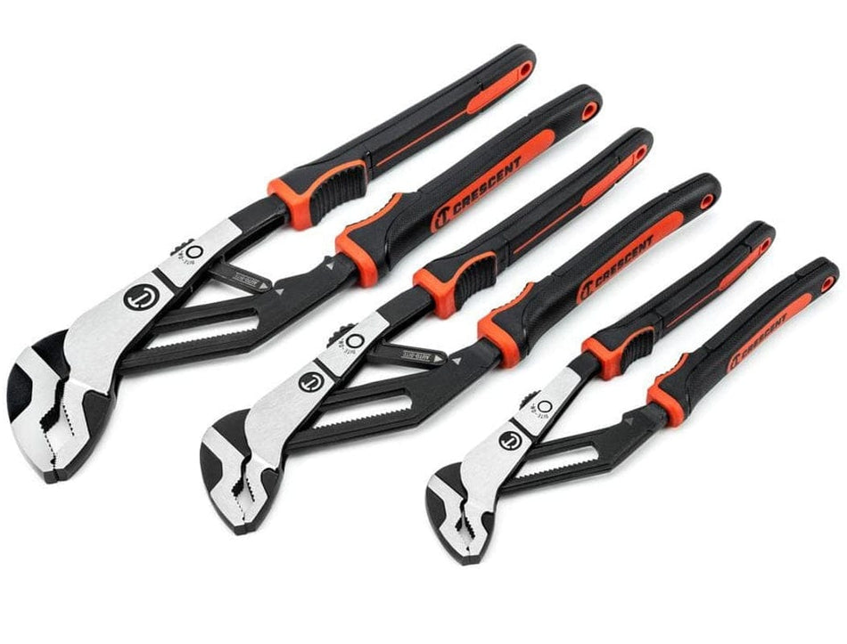 Set of three Crescent adjustable pliers with black and orange ergonomic handles, each featuring serrated jaws and varied sizes for versatile gripping.