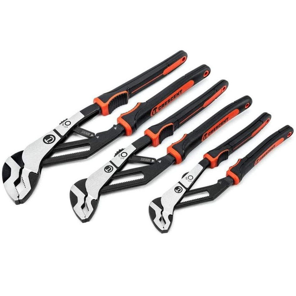 Set of three Crescent adjustable pliers with black and orange ergonomic handles, each featuring serrated jaws and varied sizes for versatile gripping.