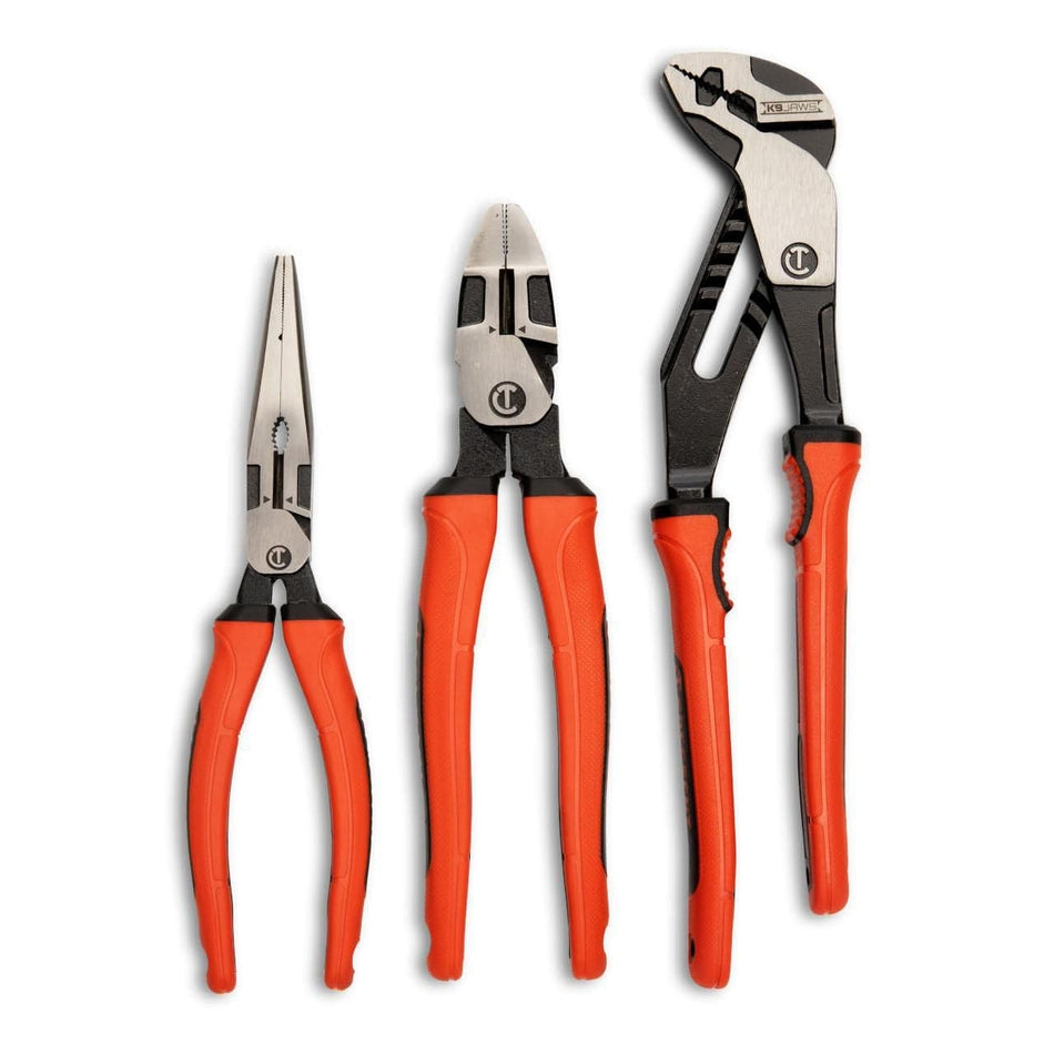 Studio shot of the Crescent Z2SET3CG-06 3-piece pliers set, featuring the 8-inch long nose, 8-inch lineman's, and 10-inch tongue and groove pliers laid out with their red and black ergonomic handles