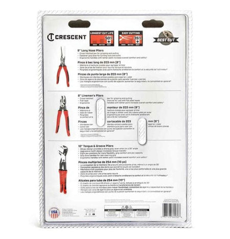 Back of the Crescent Z2SET3CG-06 3-piece pliers set retail packaging, detailing the unique features and benefits of each plier in multiple languages
