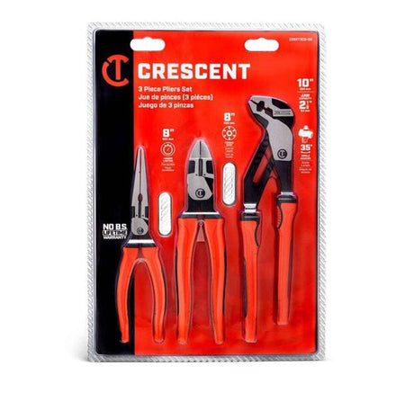 Front of the Crescent Z2SET3CG-06 3-piece pliers set in retail packaging, displaying the 8-inch long nose pliers, 8-inch lineman's pliers, and 10-inch tongue and groove pliers with their features