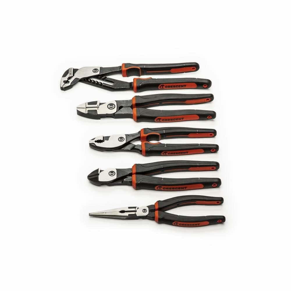 Five professional Crescent Z2 series pliers (Long Nose, Diagonal Cutter, Lineman, Slip Joint, and Tongue and Groove) neatly packaged in a clamshell blister pack, ready for retail.