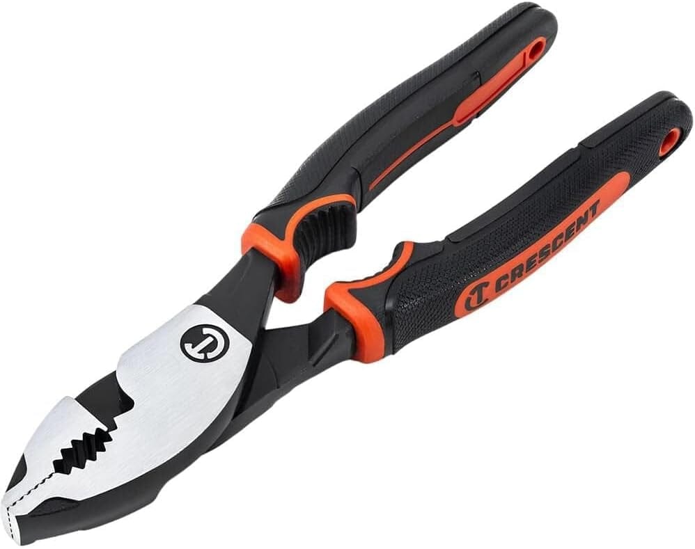 Studio view of the Crescent Z2 6-inch slip joint pliers featuring black and orange dual-material handles and polished alloy steel jaws against a white background.