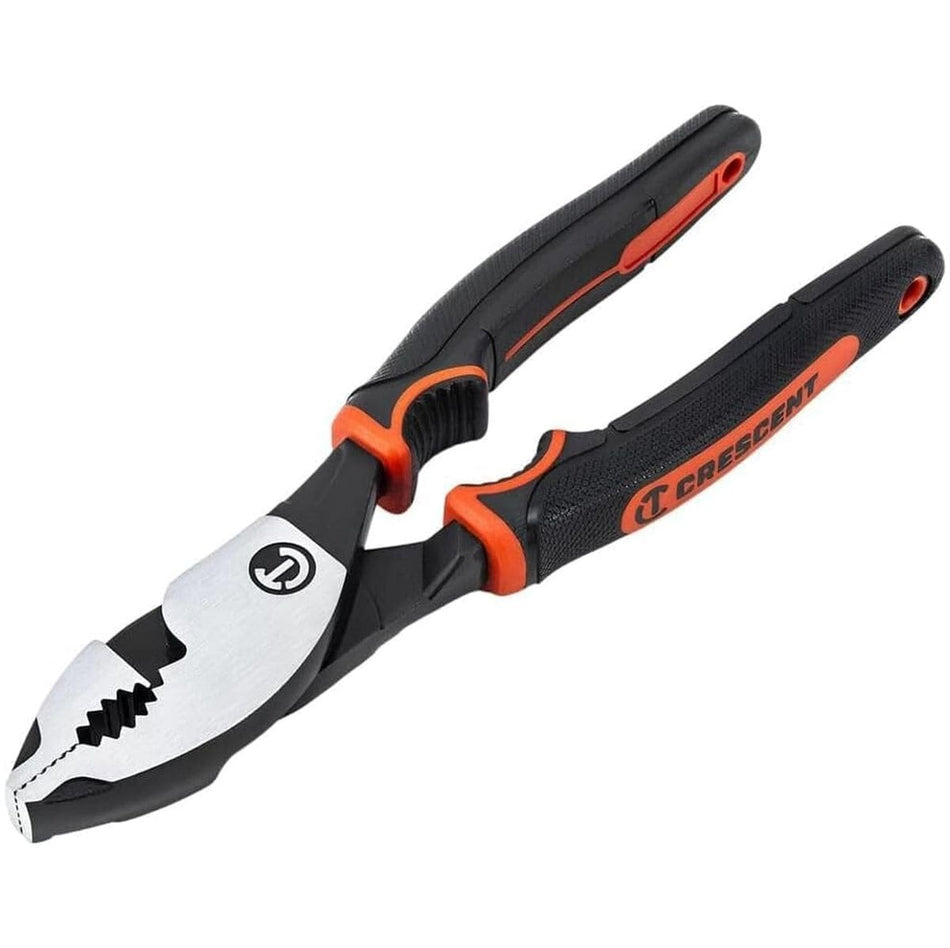 Studio view of the Crescent Z2 6-inch slip joint pliers featuring black and orange dual-material handles and polished alloy steel jaws against a white background.