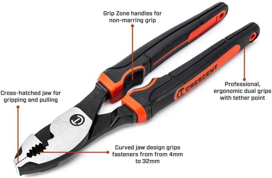 Infographic of the Crescent Z2 slip joint pliers highlighting features such as Grip Zone handles for non-marring grip, professional ergonomic dual grips with tether point, cross-hatched jaws for gripping, and a curved jaw design for fasteners.