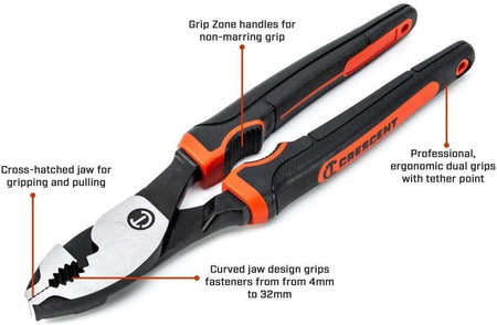 Infographic of the Crescent Z2 slip joint pliers highlighting features such as Grip Zone handles for non-marring grip, professional ergonomic dual grips with tether point, cross-hatched jaws for gripping, and a curved jaw design for fasteners.