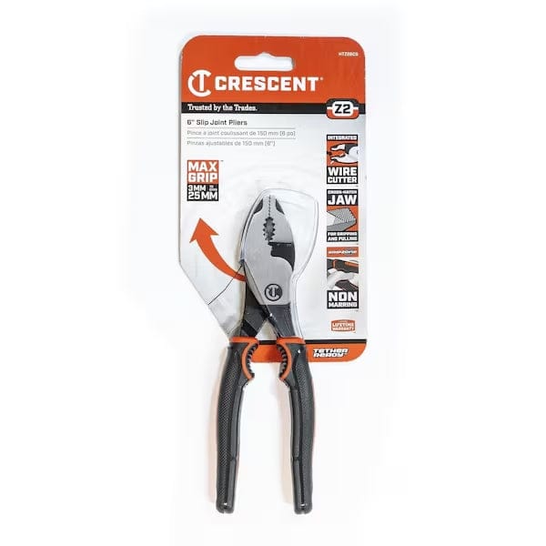 Retail card packaging for the Crescent Z2 6-inch slip joint pliers, displaying the tool and key features including the integrated wire cutter, cross-hatch jaw, and non-marring grip zone.