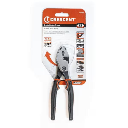 Retail card packaging for the Crescent Z2 6-inch slip joint pliers, displaying the tool and key features including the integrated wire cutter, cross-hatch jaw, and non-marring grip zone.