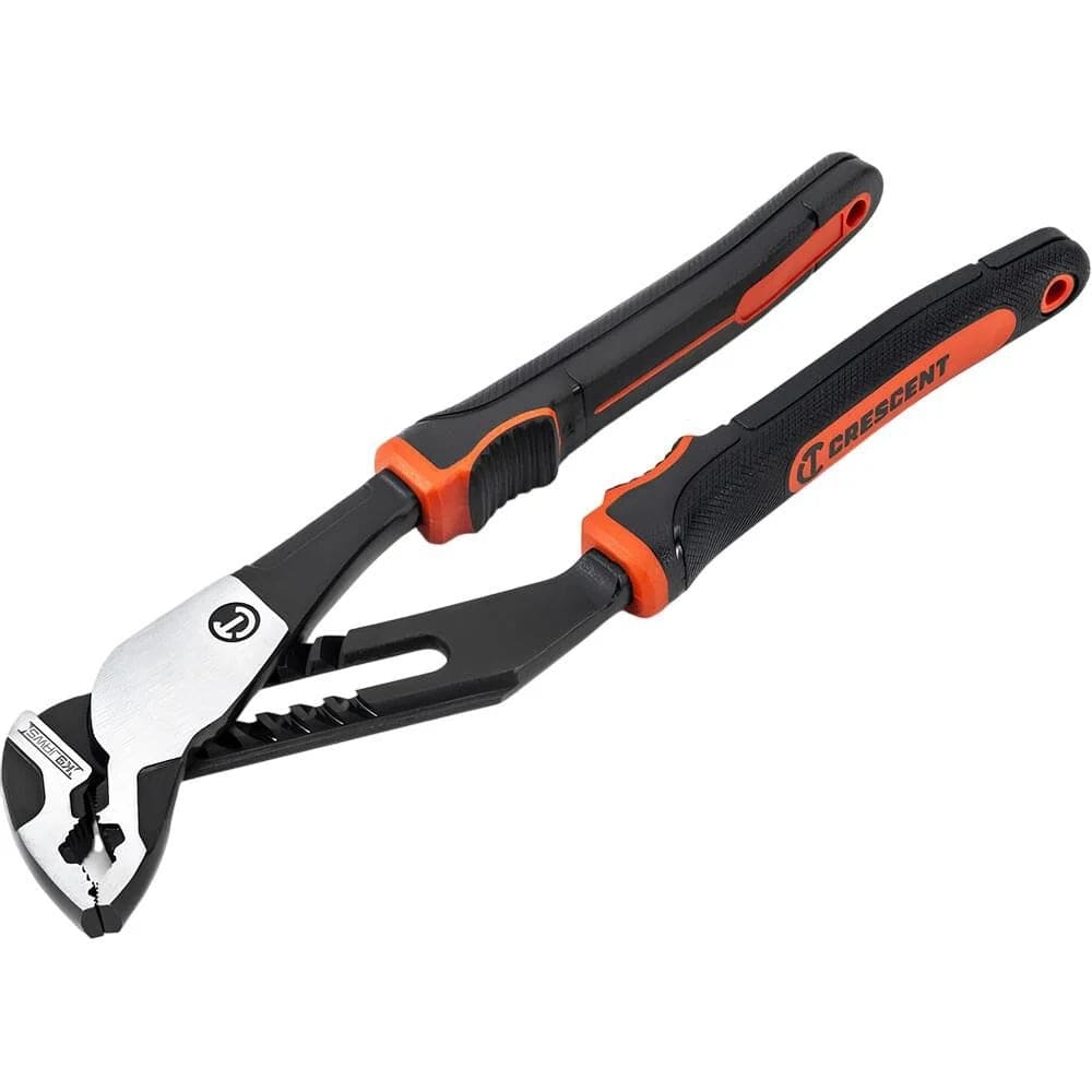Studio view of the Crescent Z2 8-inch tongue and groove pliers featuring black and orange dual-material handles and an open K9 V-Jaw against a white background.