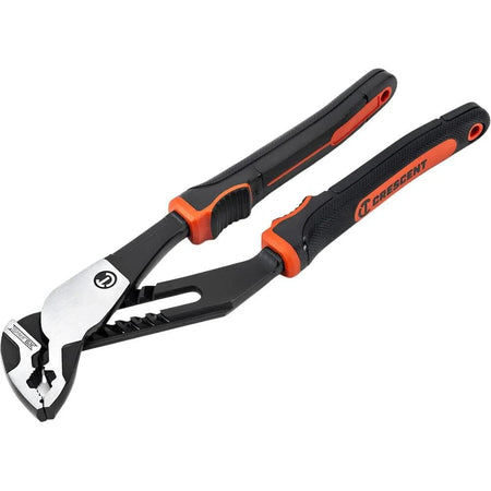 Studio view of the Crescent Z2 8-inch tongue and groove pliers featuring black and orange dual-material handles and an open K9 V-Jaw against a white background.