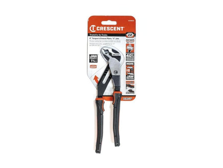 Retail card packaging for the Crescent Z2 8-inch tongue and groove pliers, displaying the tool and highlighting features like the K9 Jaw, 35-degree angle grip, and 40% greater access.