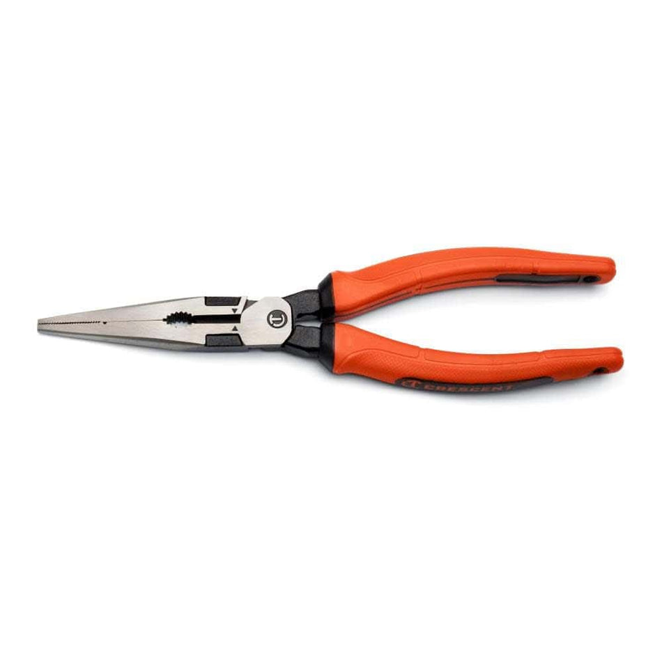 Studio view of the Crescent Z2 8-inch long nose pliers featuring orange and black dual-material handles and closed polished steel jaws against a white background.