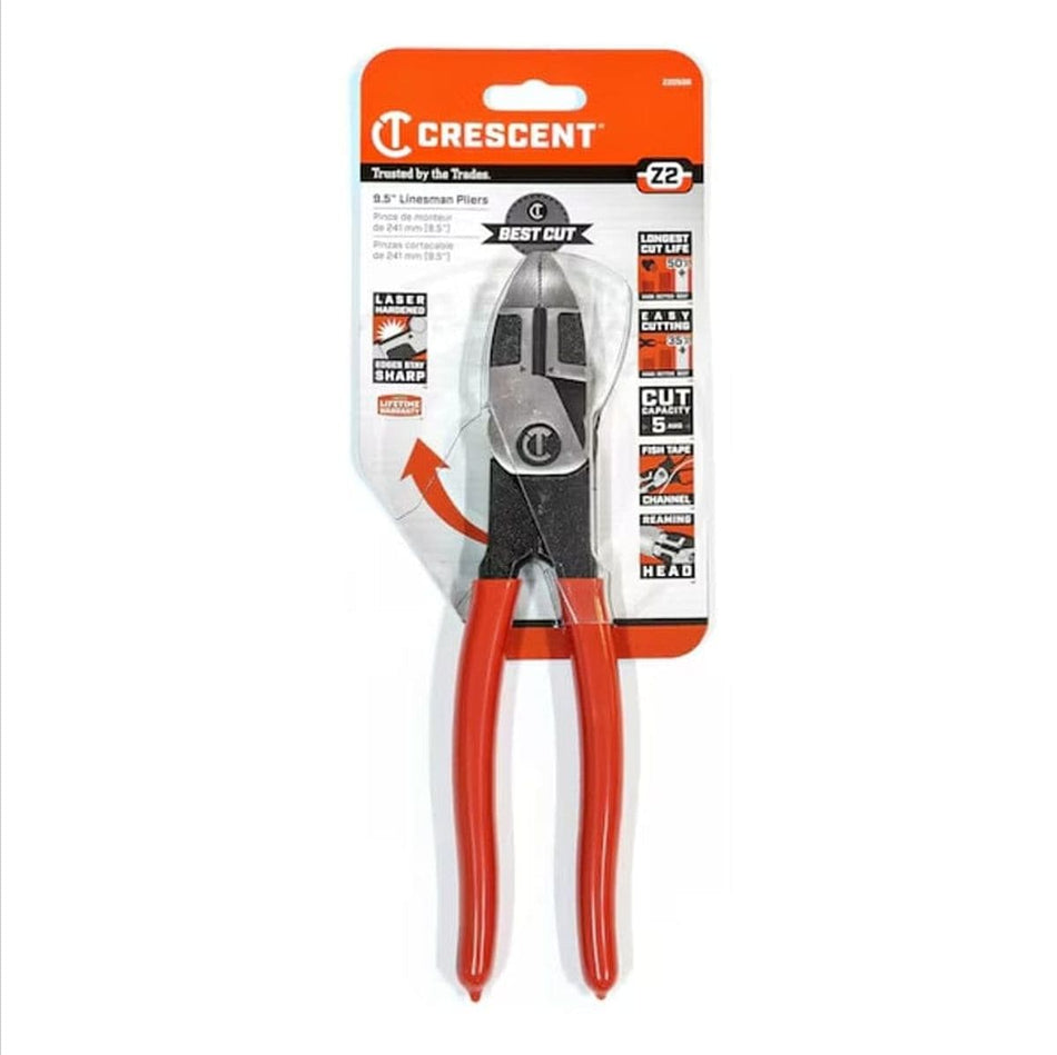 Packaged Crescent Z2 8.5-inch lineman pliers with red handles displayed in orange retail packaging. Labels highlight features like high leverage head, larger cutting zone, and ability to cut harder materials with less force.
