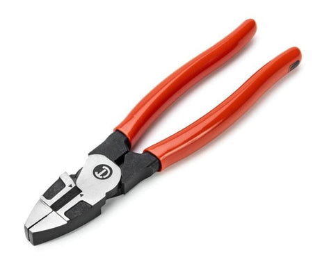 Diagonal cutting pliers with red insulated handles and angled cutting edges for flush cuts. The metal head has a polished finish and engraved logo, designed for precision wire cutting in electrical and craft work.