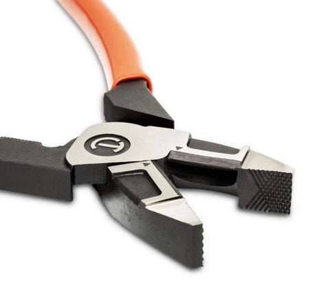 Close-up of multi-functional pliers with orange handles and black-silver jaws. The tool features textured gripping surfaces, a cutting edge, and a crimping section, suitable for electrical and mechanical applications.
